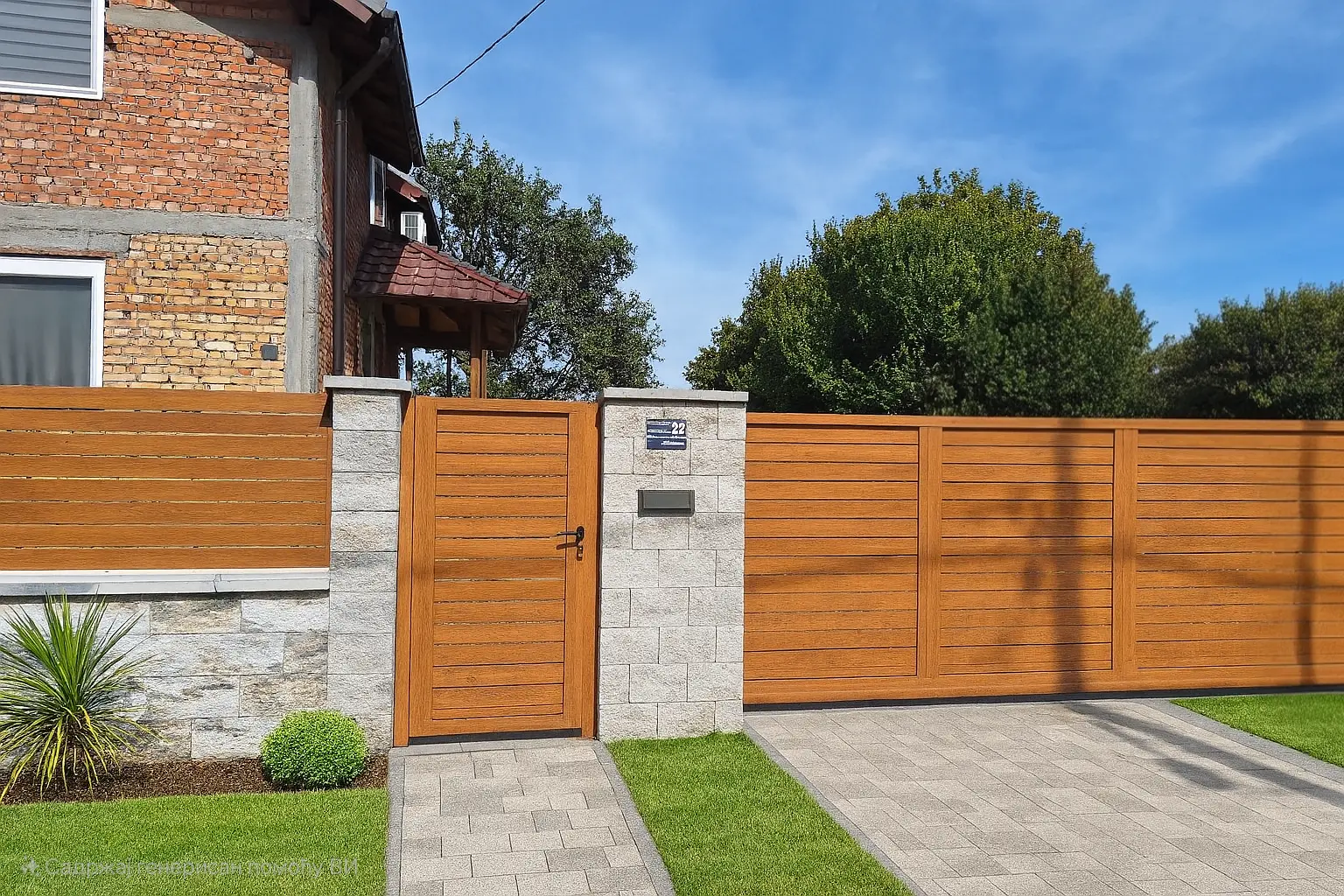 Komplet aluminijumska ograda i pešačka kapija u dekoru drveta sa kamenim stubovima - klasičan topao ulaz