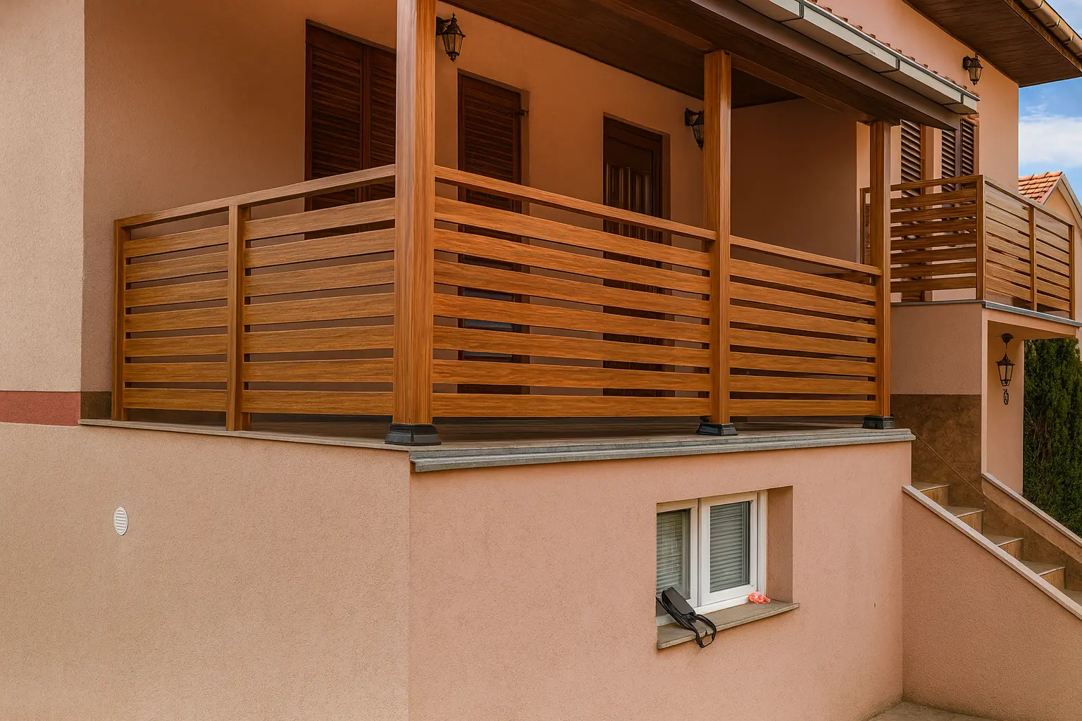 Balkonska ograda u dekoru drveta na narandžastoj fasadi - terasa premium kuće mediteranski stil