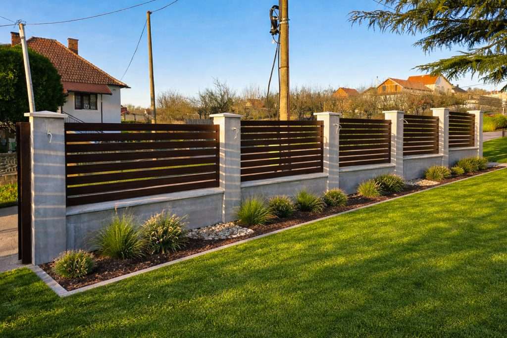 Ograde za dvorište aluminijumske sa horizontalnim letvicama u drvo dekoru — Savalux