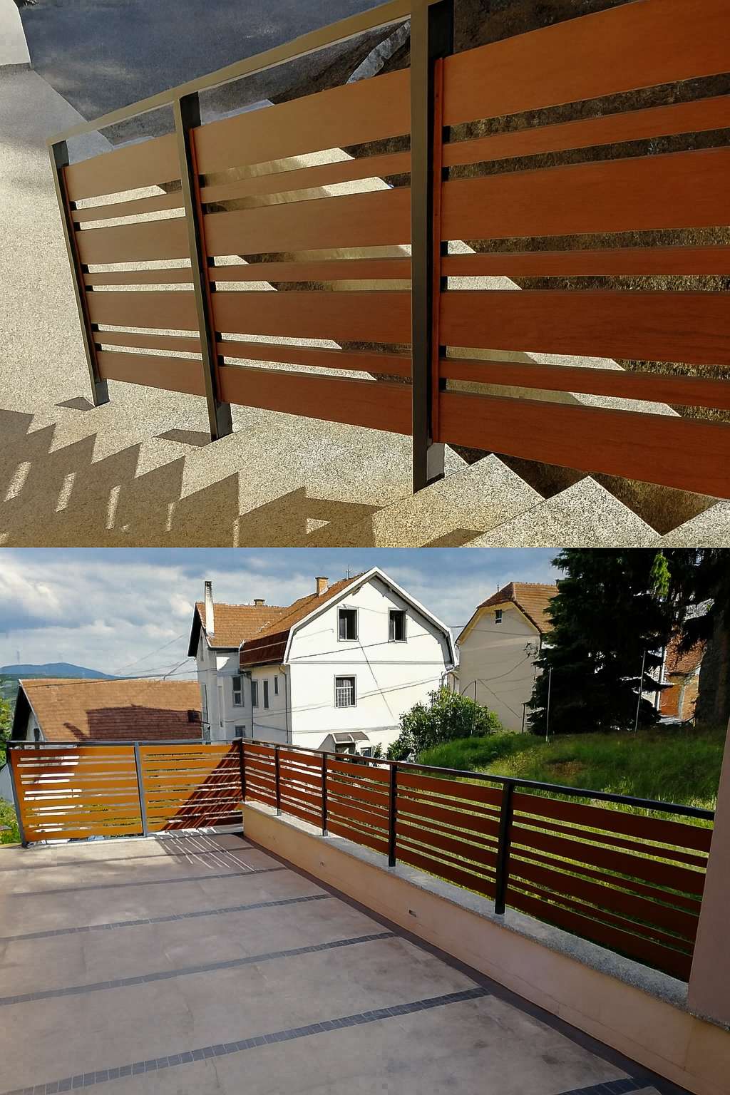 Aluminijumski gelender sa vertikalnim lamelama u dekoru drveta na stepeništu - jedinstvena dvostruka kompozicija