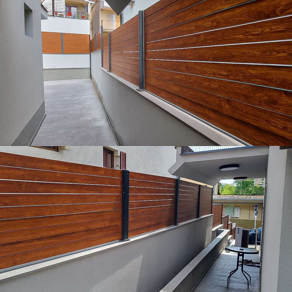 Aluminijumska ograda u dekoru drveta na terasi - moderan urbani prolaz sa horizontalnim lamelama