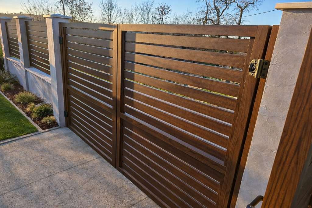 Dvokrilna kapija za dvorište aluminijumska wood dekor sa horizontalnim letvama i bravom — Savalux