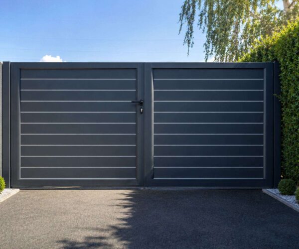Dvokrilna aluminijumska kapija u antracit boji sa horizontalnim letvicama