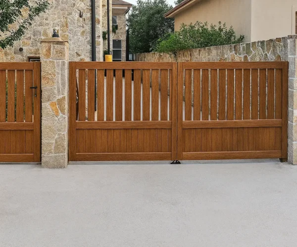 Dvokrilna aluminijumska kapija sa drvo dekor završnom obradom i kamenim stubovima — Savalux