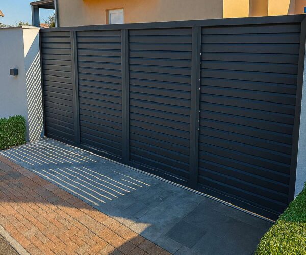 Aluminijumska kapija za dvorište sa zatvorenim panelima antracit RAL 7016 ispred kuće — Savalux