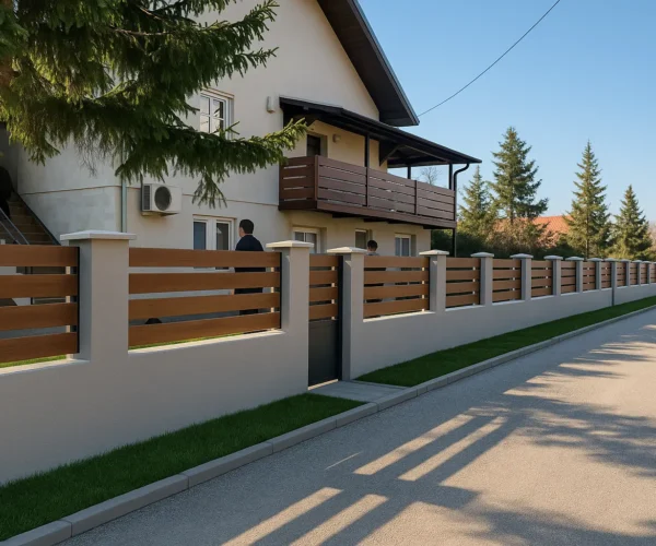 Ograda za dvoriste sa drvo dekor aluminijumskim panelima i belim stubovima ispred kuće — Savalux